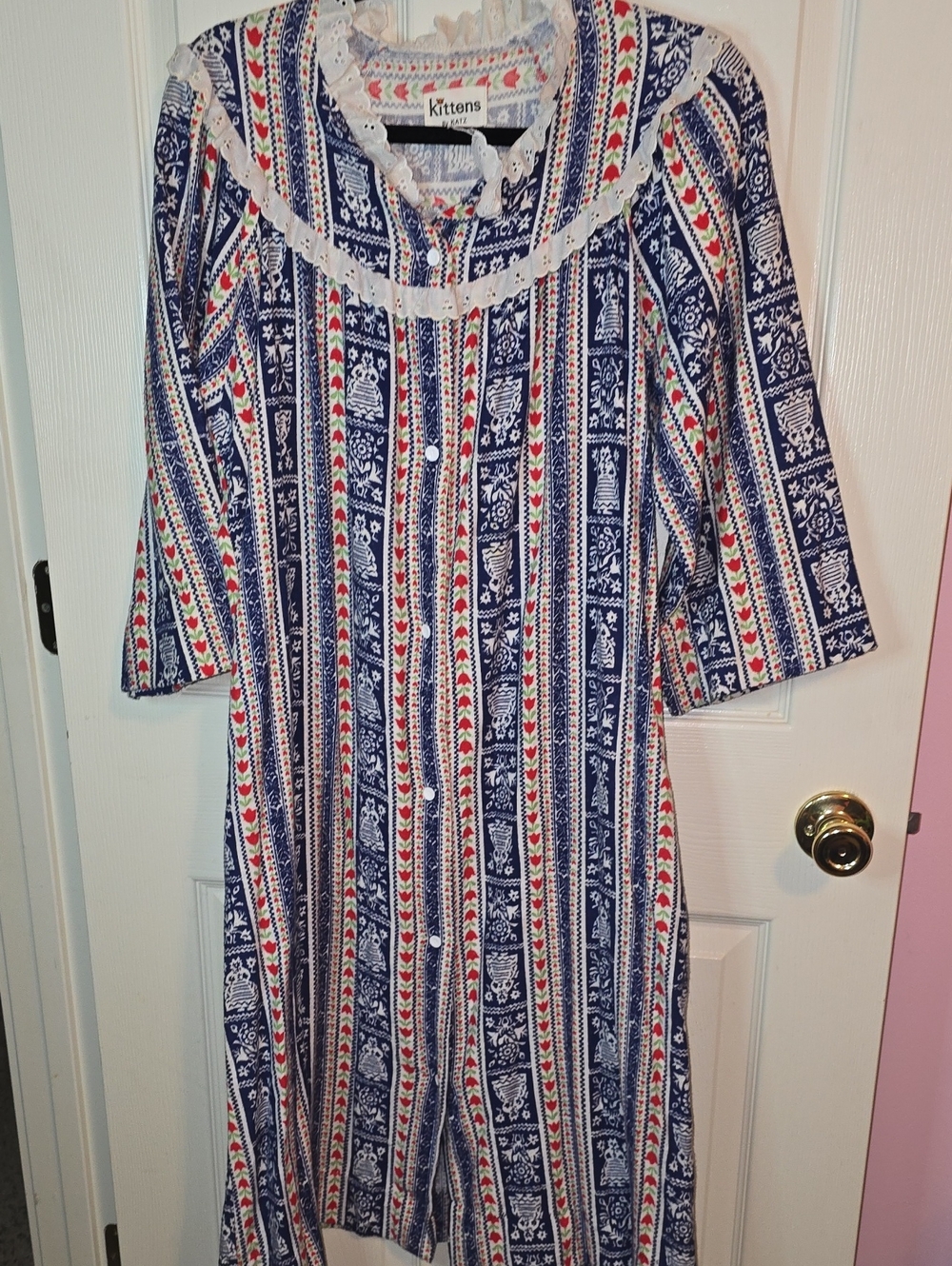 Navy Blue Printed Cotton Nightgown with Lace Trim